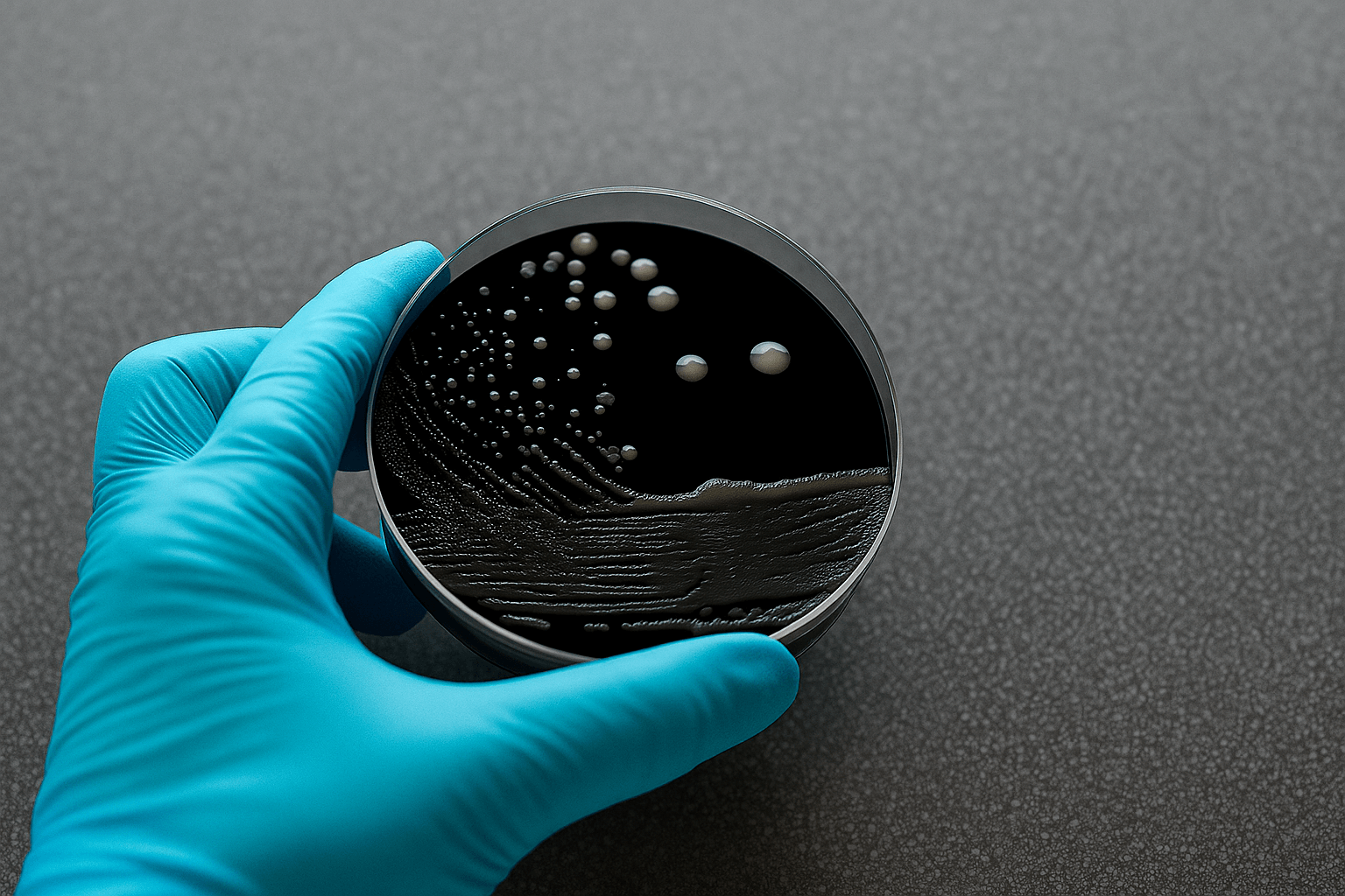Gloved hand holding a black agar petri dish with visible Legionella bacterial colonies growing on the surface in a laboratory setting.