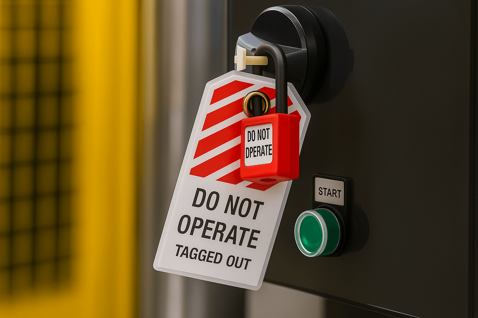 Close-up of a boiler control panel showing a red lockout padlock and “Do Not Operate – Tagged Out” safety tag attached above the start button to prevent operation during maintenance.