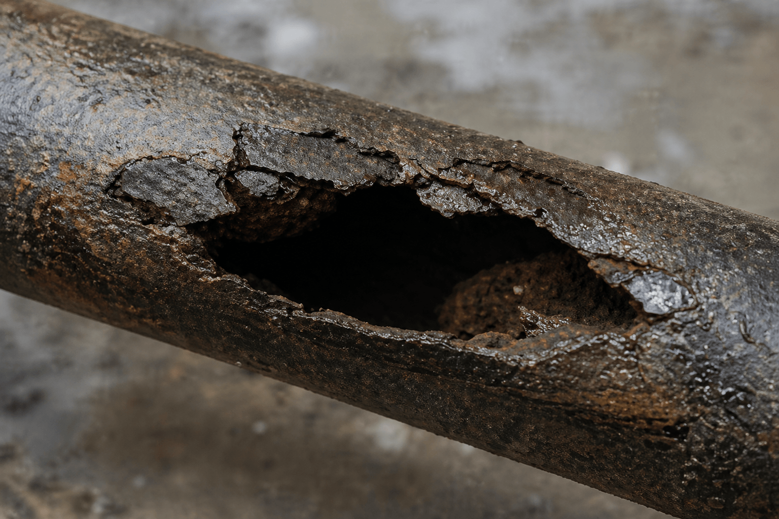 Severely corroded pipe with major metal loss and failure caused by long-term internal corrosion and poor water treatment control.