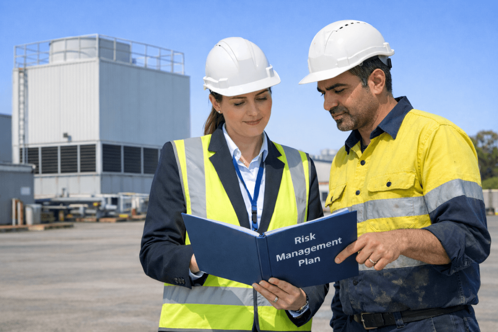 DHS Officer Conducting Cooling Tower Compliance Site Visit Department of Health and Safety (DHS) officer wearing a hard hat and high-visibility vest reviewing a Risk Management Plan (RMP) folder with a site representative during a compliance site visit at an industrial cooling tower facility.